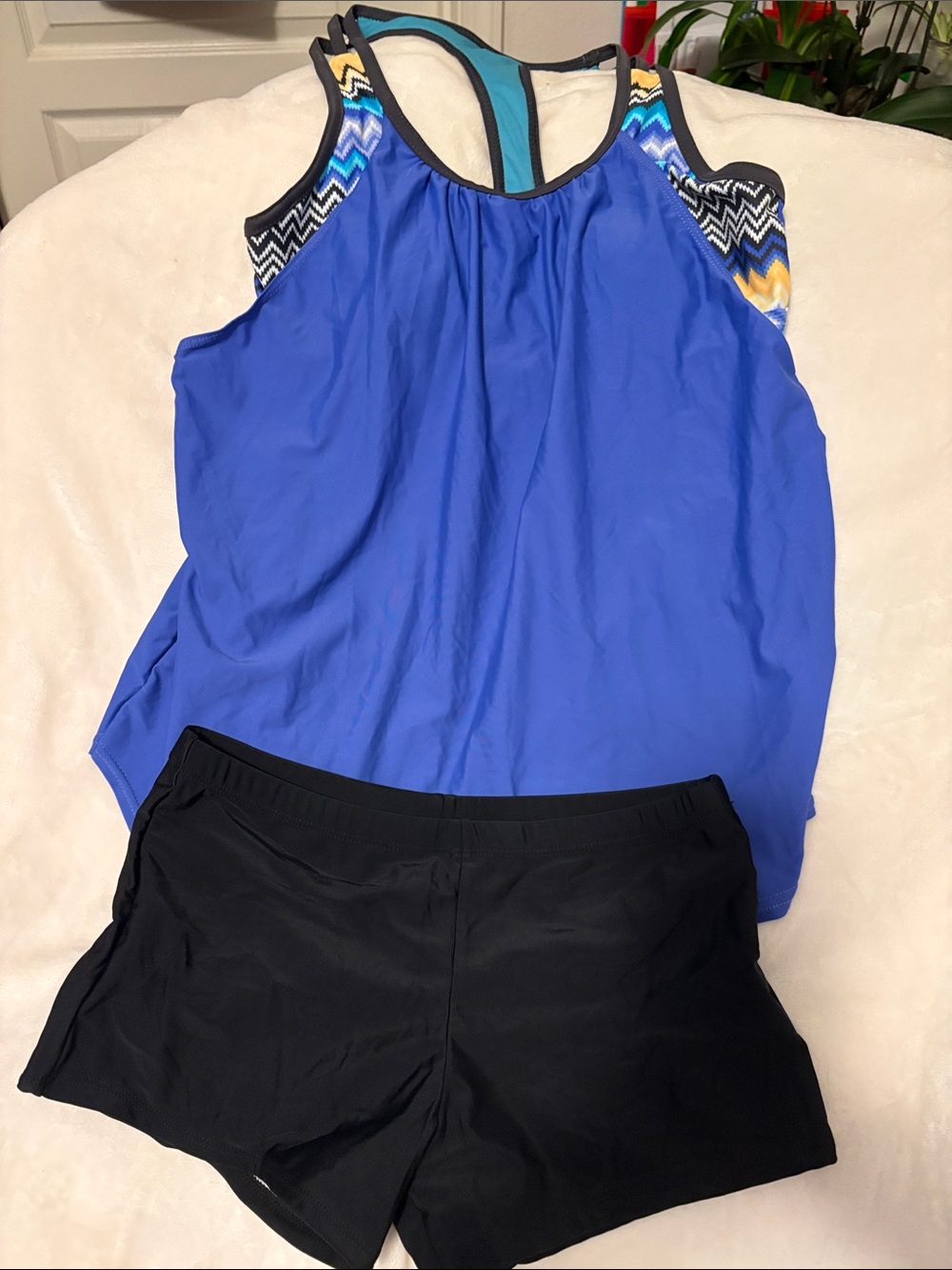 Blue Racerback Tankini Top & Black Swim Shorts